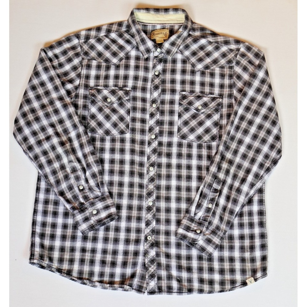 Roebuck & Co Mens XL Black White Plaid Long Sleeve Pearl Snap Western Shirt